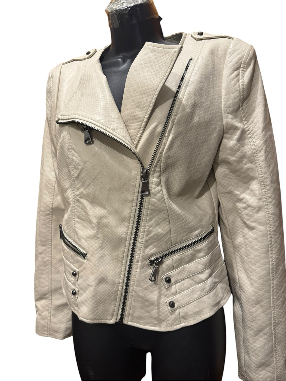 Guess Cream Quilted Moto Jacket with Zip Details Faux Leather